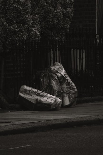 Two large black garbage bags filled with waste are placed on a paved sidewalk in front of a dark metal fence, with dense foliage visible behind the fence. The bags appear crumpled and are situated close to the curb, suggesting an on-site rubbish collection or private waste disposal. The scene is captured in natural daylight, and the setting appears to be an outdoor urban or residential street, typical for collection of bulky waste or general rubbish. The presence of the waste bags in this manner aligns with services offered by companies like Rubbish Collection Pimlico for alternative waste handling, particularly for bulky items or non-standard refuse removal.